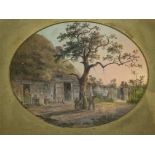 Gilt framed and glazed watercolour of children playing on a swing in front of a thatched barn.