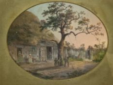 Gilt framed and glazed watercolour of children playing on a swing in front of a thatched barn.