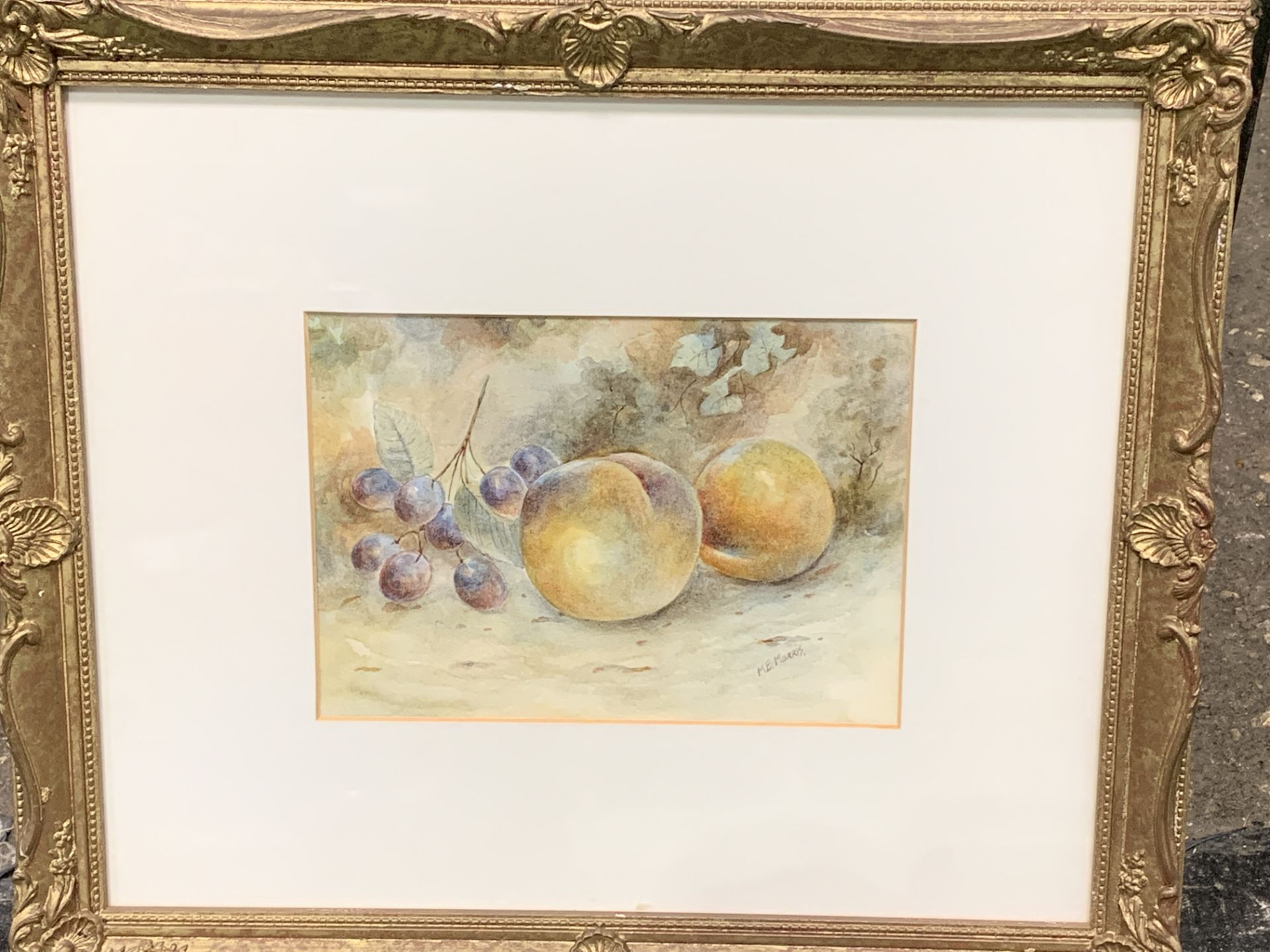 Pair of framed and glazed watercolours of still life fruit, signed M E Morris - Image 4 of 5