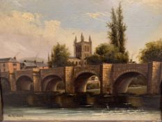 Framed oil on canvas 'Hereford Cathedral'