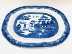 Two blue and white meat platters together with a Delft charger