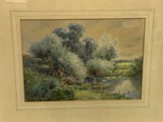 Henry John Sylvester Stannard RBA, Framed and glazed watercolour of a duck pond in woodland