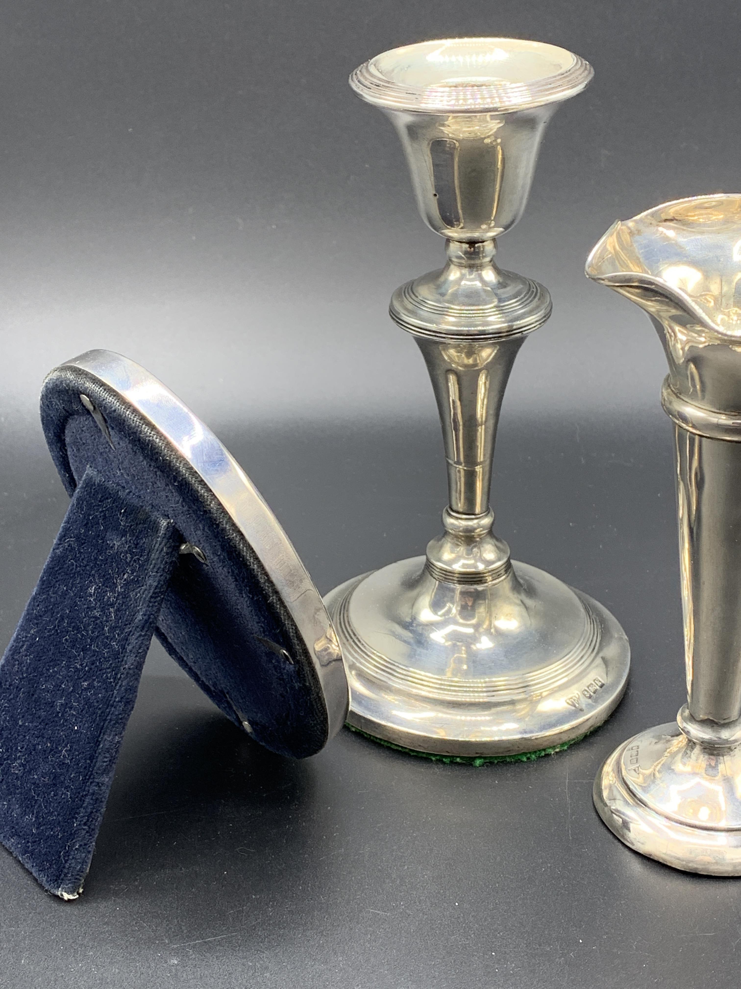 A hallmarked silver bud vase, candlestick, and frame - Image 5 of 5
