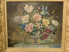 Framed oil on canvas still life flowers in a vase