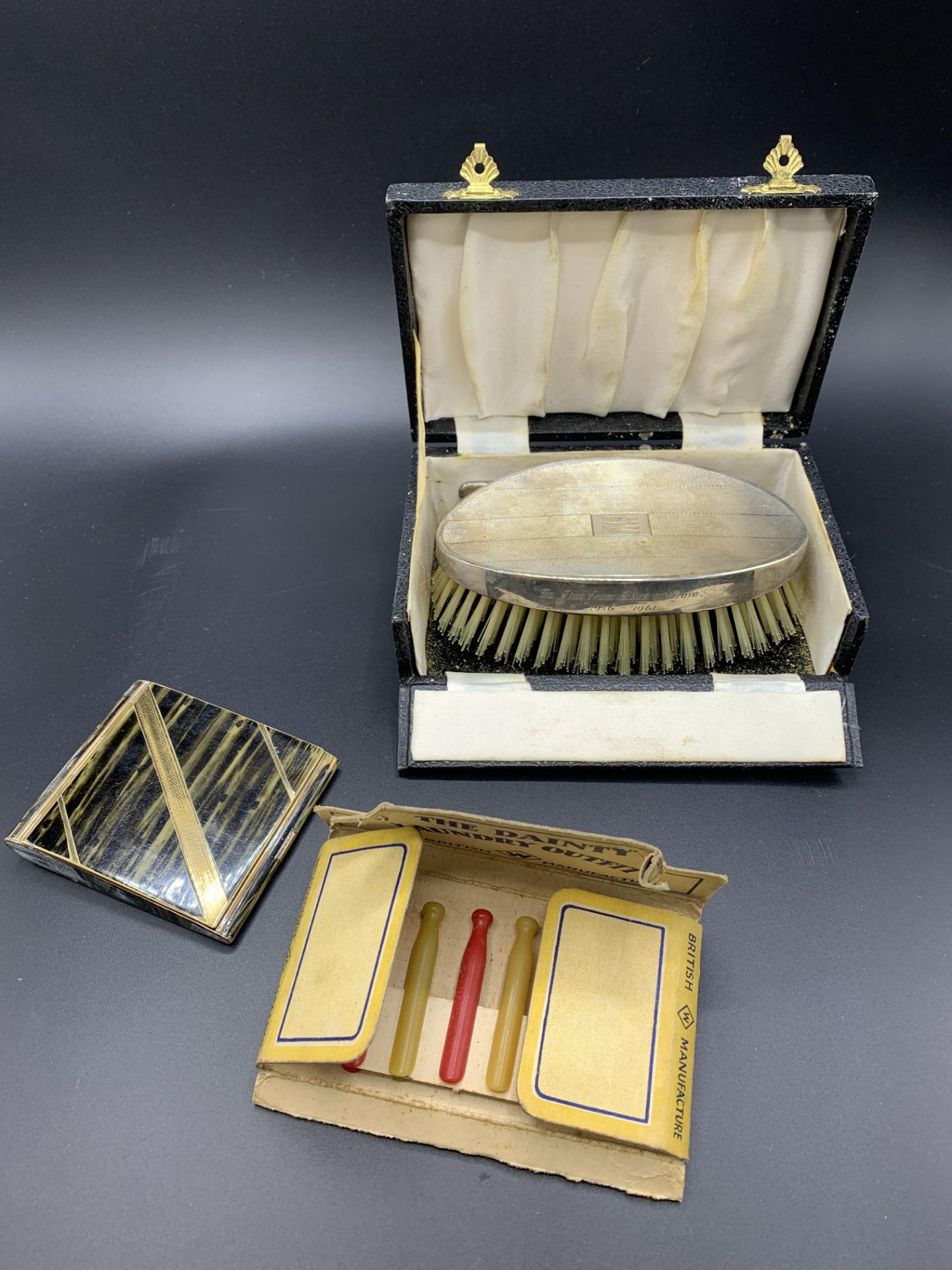 Hallmarked silver backed hairbrush and comb set and other items