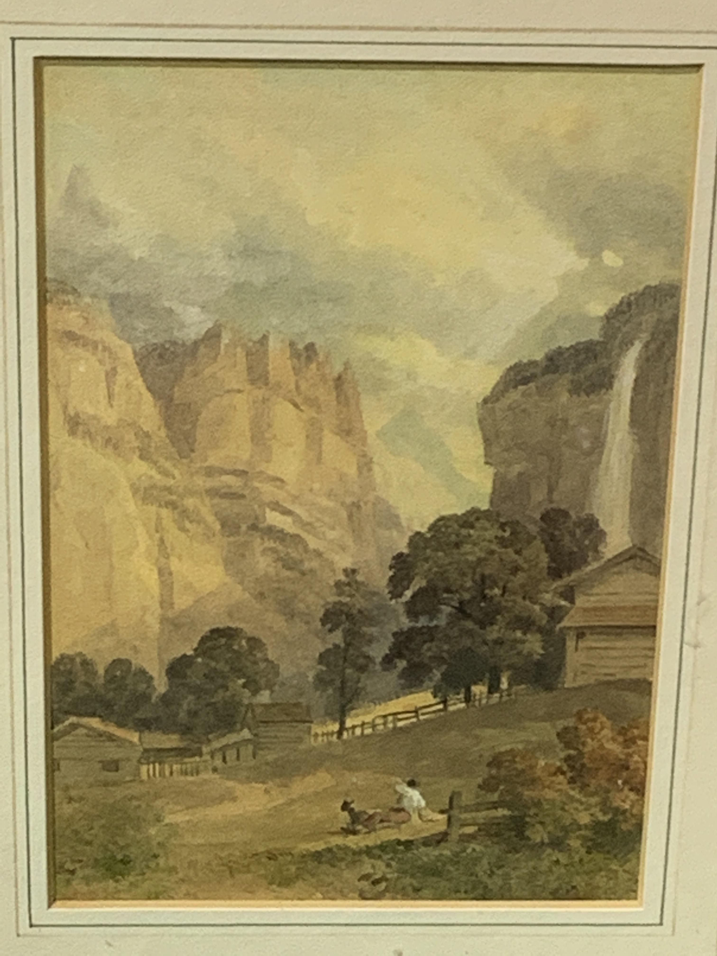 Watercolour 'Lauterbrunnen "Falls of ye Stanbach"; and a watercolour of a lake scene - Image 6 of 7