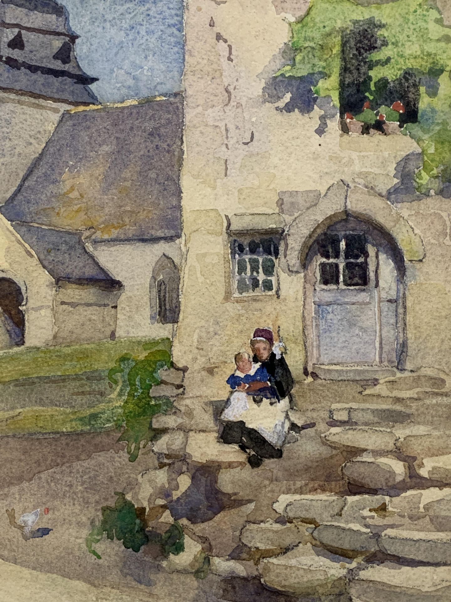 Watercolour on card of a mother and child on steps of a building, signed and dated - Image 4 of 5