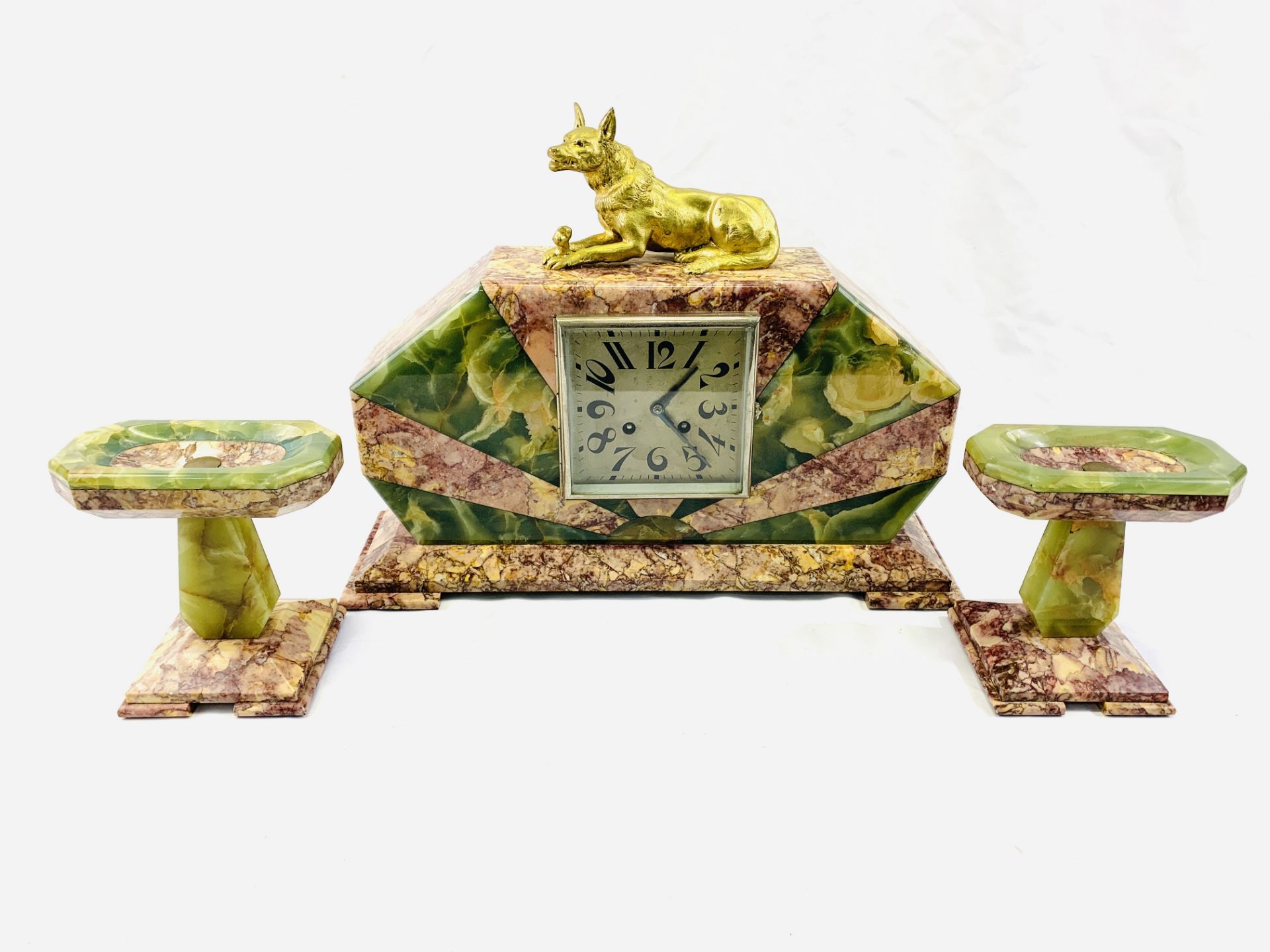 Marble & onyx Art Deco mantel clock with garnitures