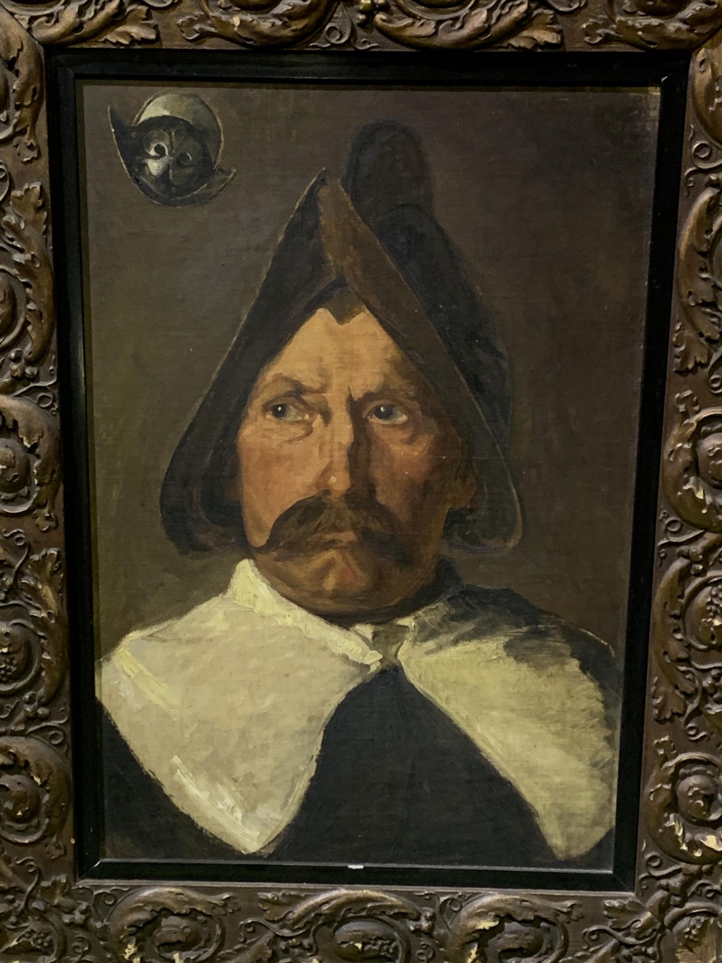 Decorative framed oil on board of a Conquistador