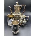Silver plate coffee pot, tankard, and two jugs