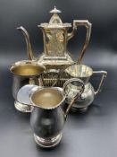 Silver plate coffee pot, tankard, and two jugs