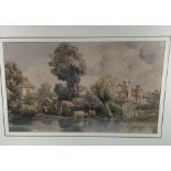 Watercolour scene of a river ford and buildings, signed monogram HD, 1848