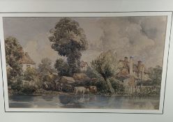 Watercolour scene of a river ford and buildings, signed monogram HD, 1848