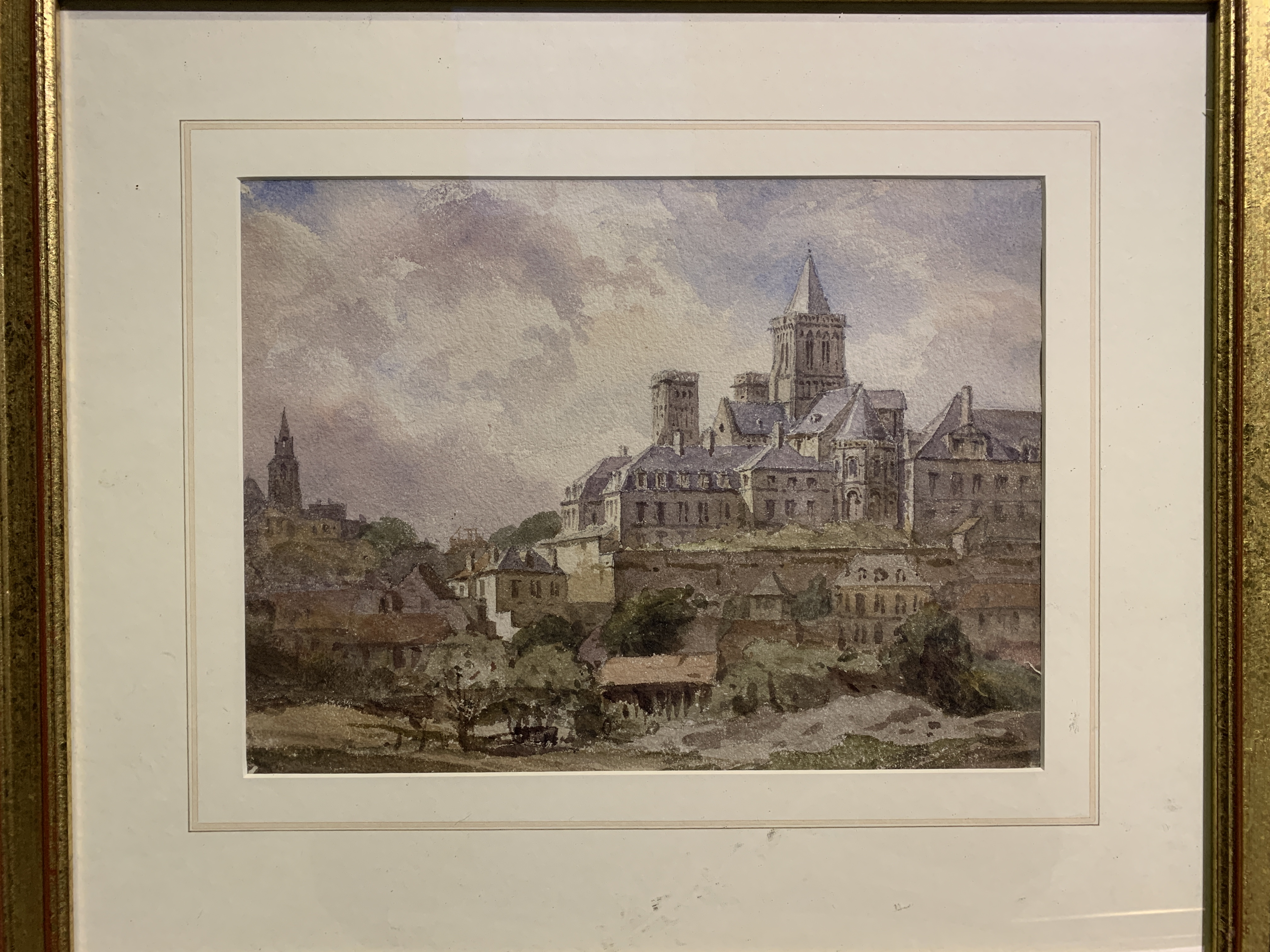 Framed and glazed watercolour "Abbaye Aux Dames, Caen," by John Louis Petit - Image 2 of 3