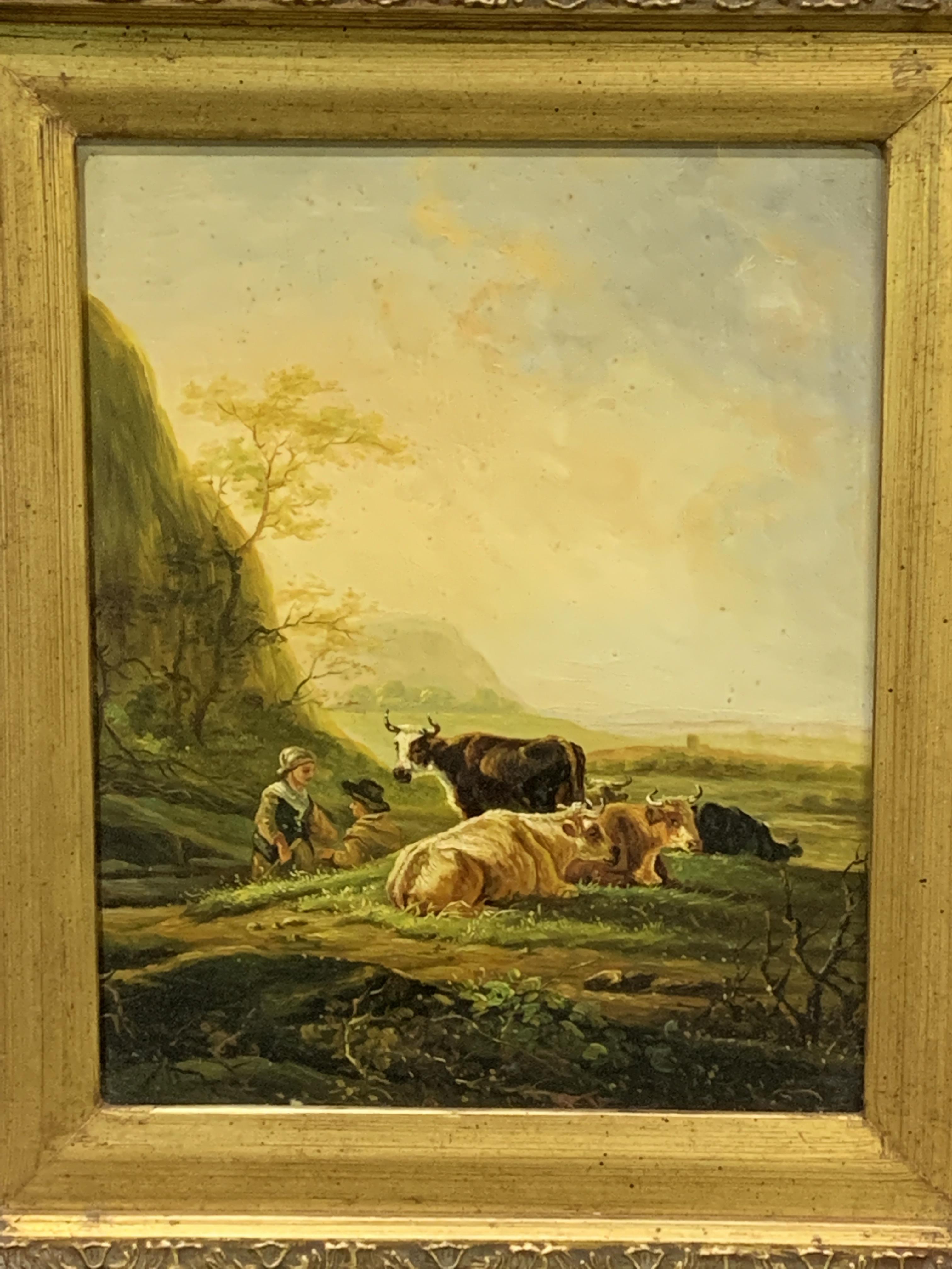 Oil on board of cows in a field