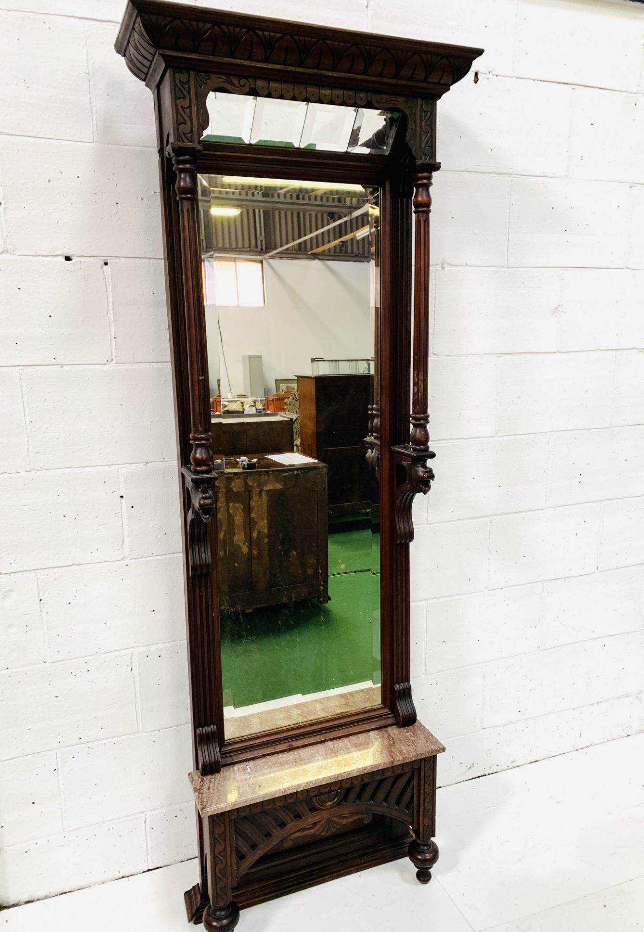 Decorative Victorian turned and carved mahogany bevelled edge hall mirror