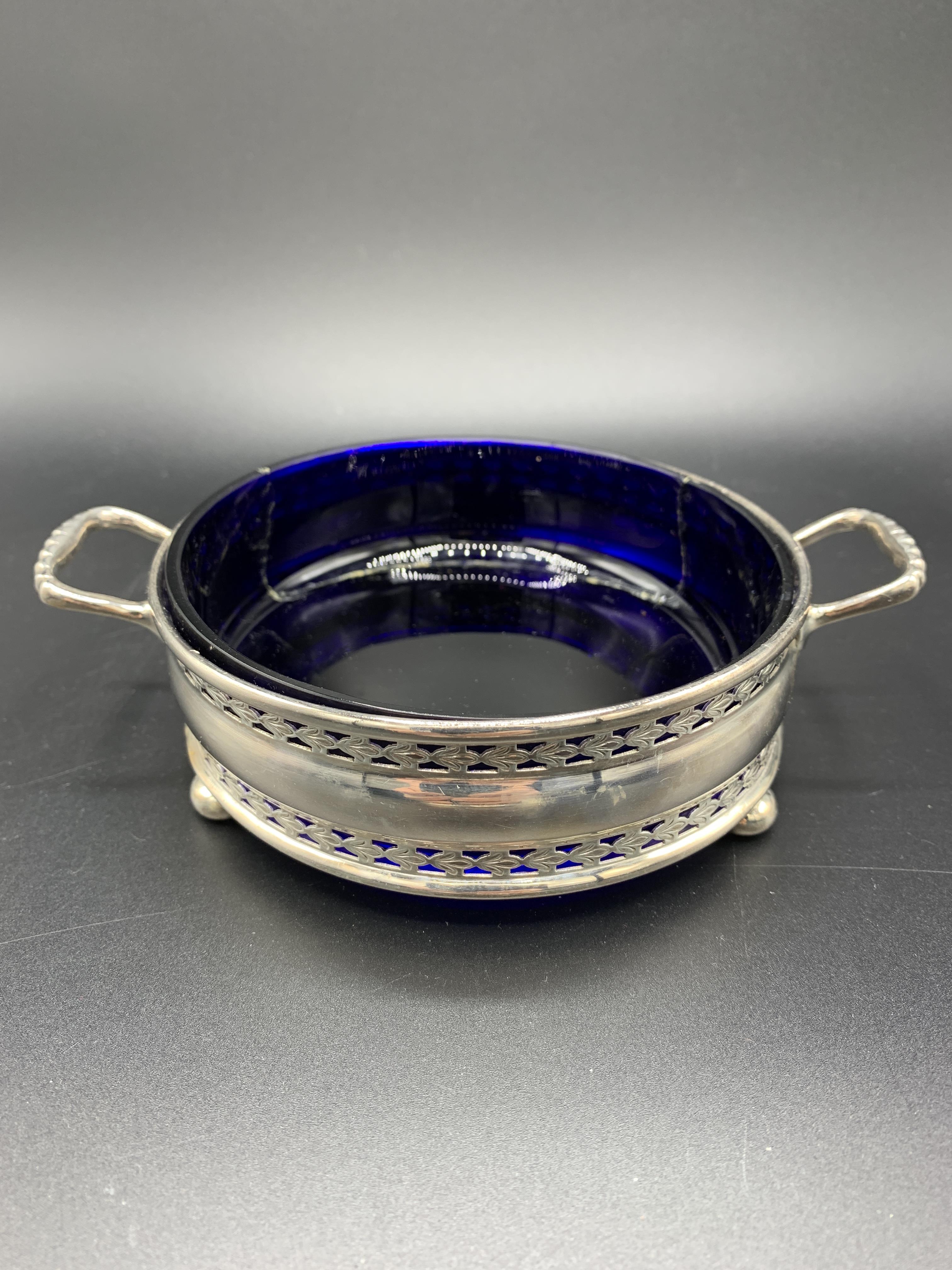 A silver mounted circular glass stand by Mappin & Webb and a silver two handled three footed dish - Image 3 of 4