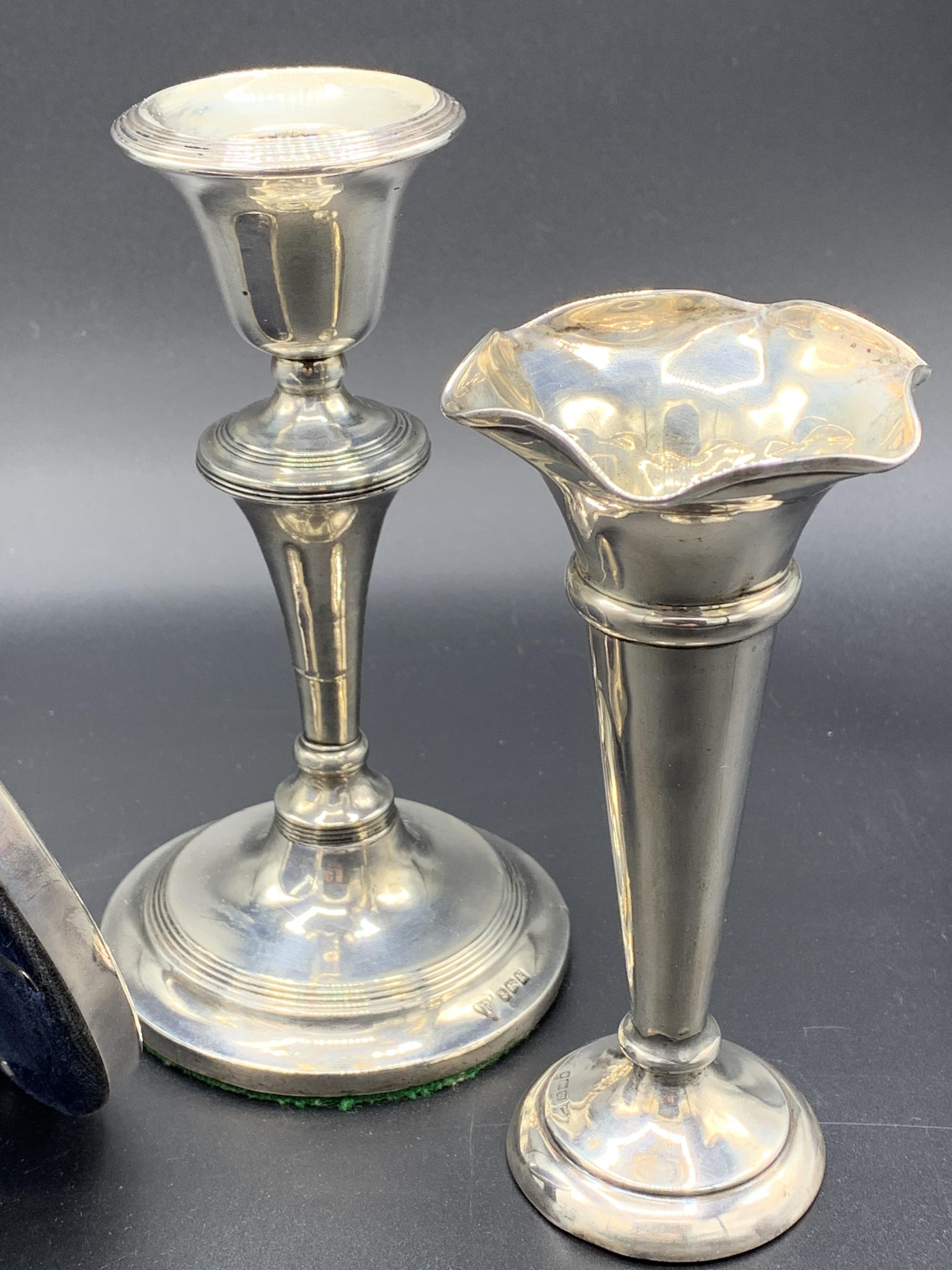 A hallmarked silver bud vase, candlestick, and frame - Image 4 of 5