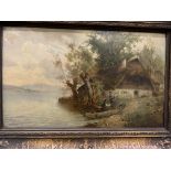 Framed oil on canvas of a lakeside cottage