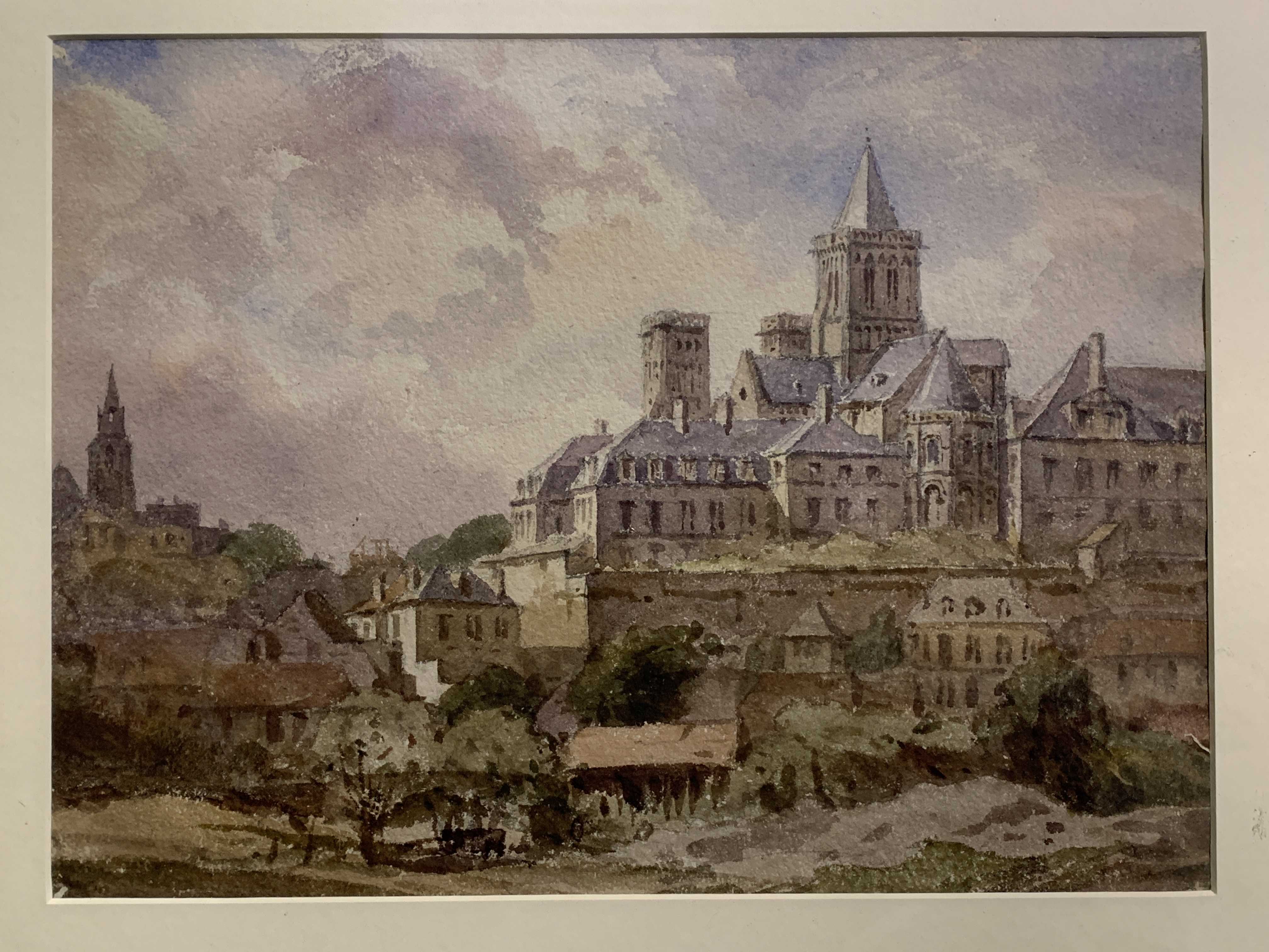 Framed and glazed watercolour "Abbaye Aux Dames, Caen," by John Louis Petit