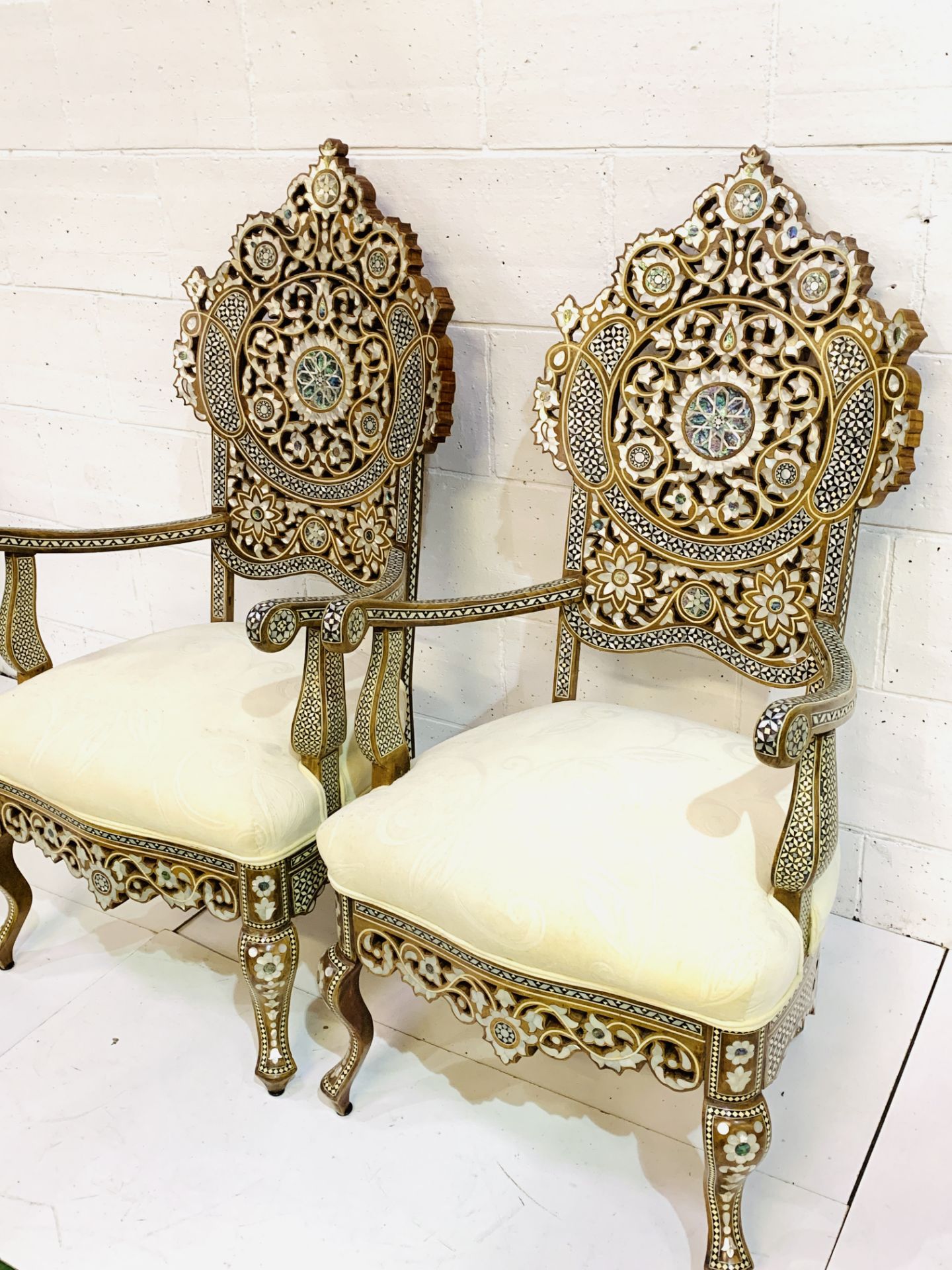 Pair of open armchairs profusely decorated with mother of pearl - Image 4 of 5