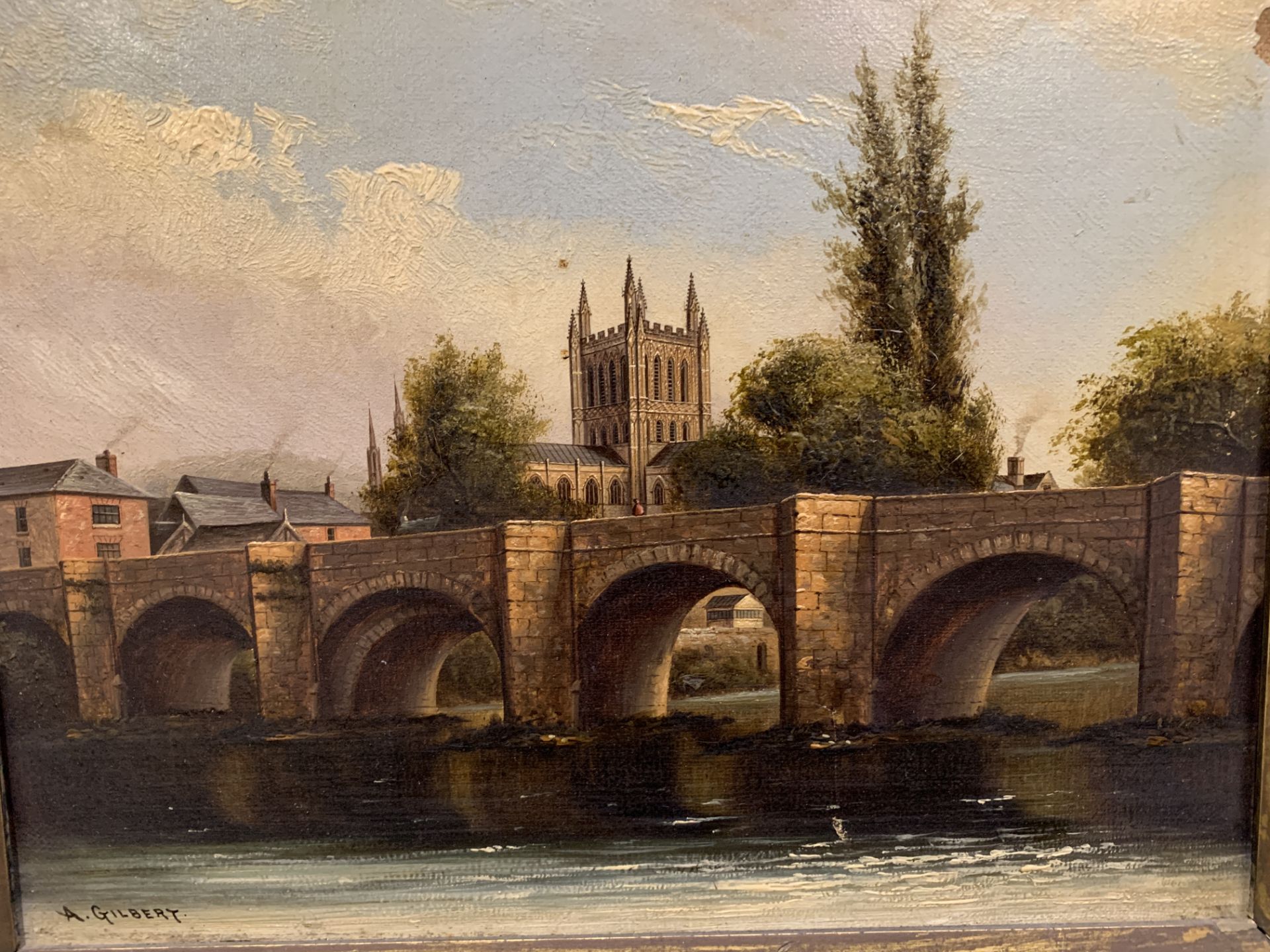 Framed oil on canvas 'Hereford Cathedral' - Image 2 of 4