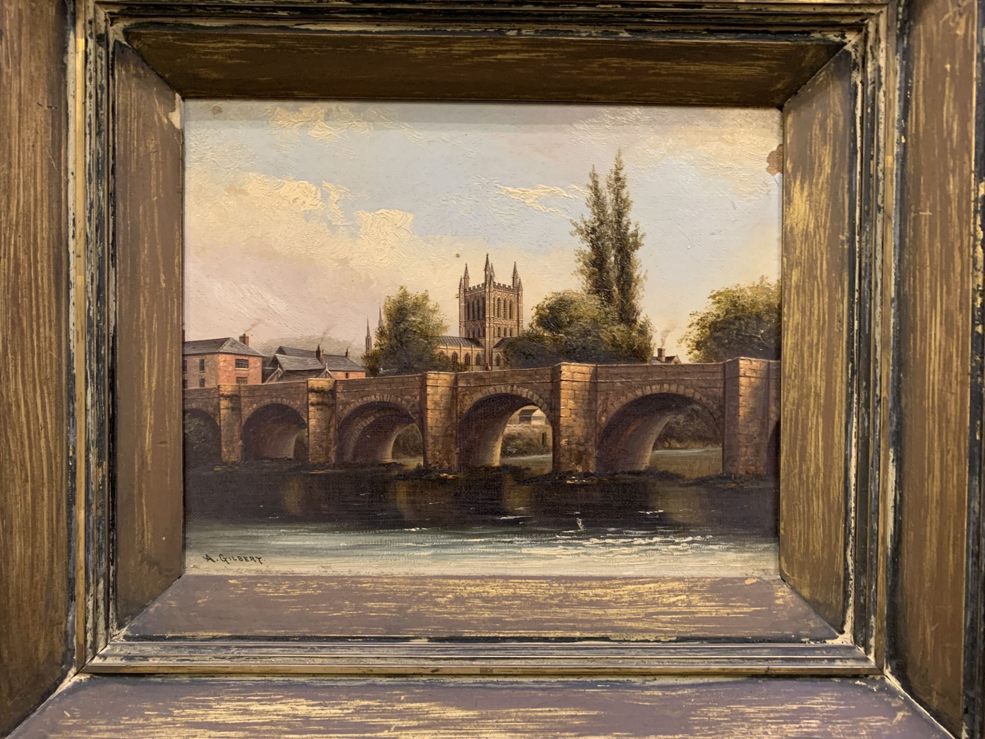 Framed oil on canvas 'Hereford Cathedral' - Image 4 of 4