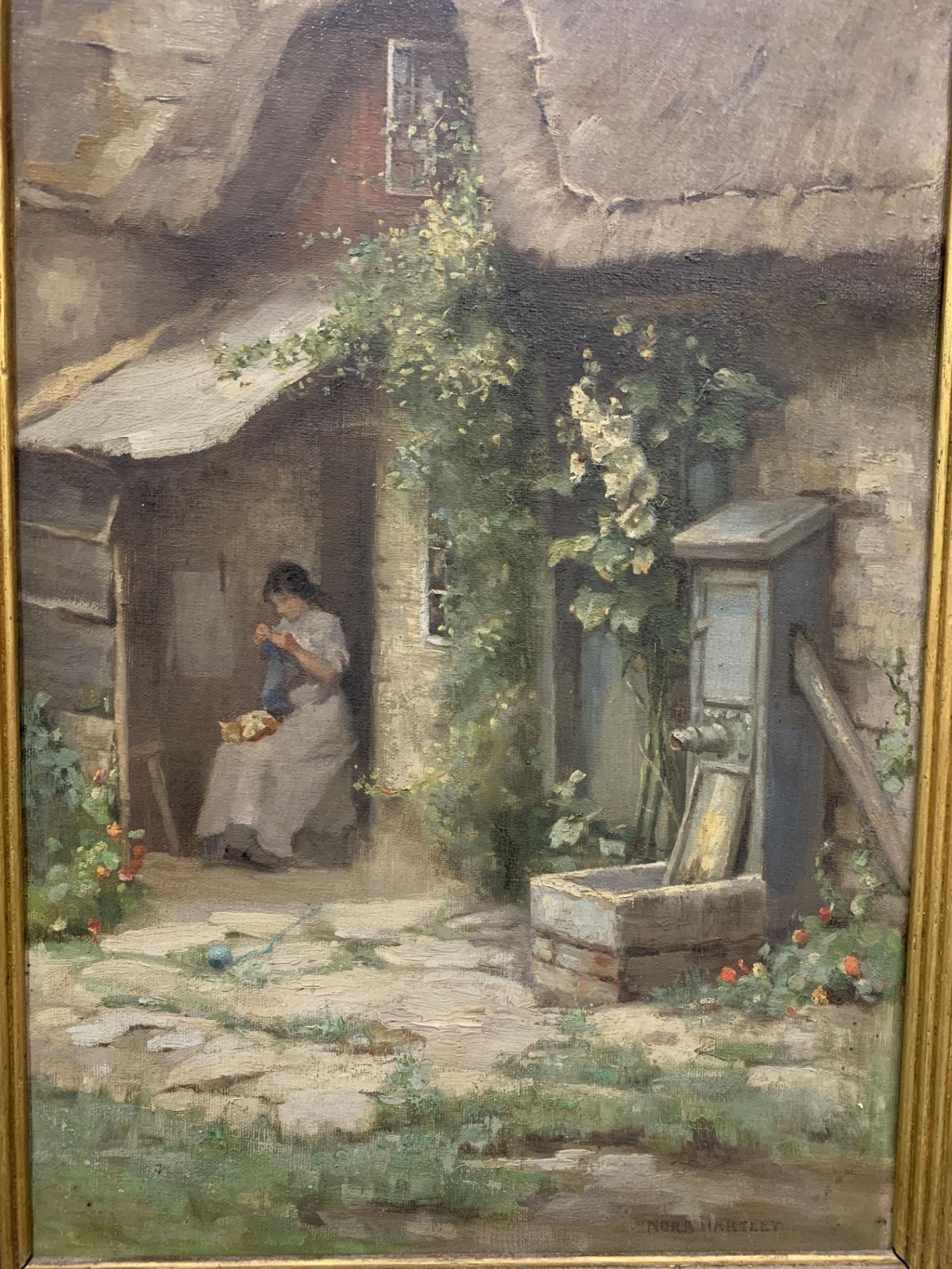 Framed oil on canvas of a girl sewing - Image 4 of 4