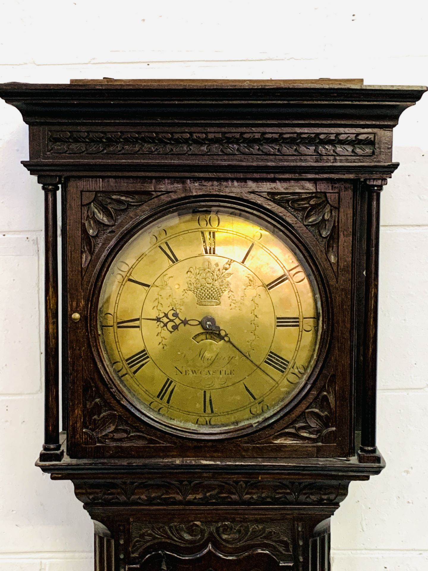 Carved oak longcase clock, the brass face written Massey, Newcastle - Image 3 of 7