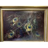 Framed oil on board of Peacock feathers, signed J Rockingham