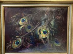Framed oil on board of Peacock feathers, signed J Rockingham