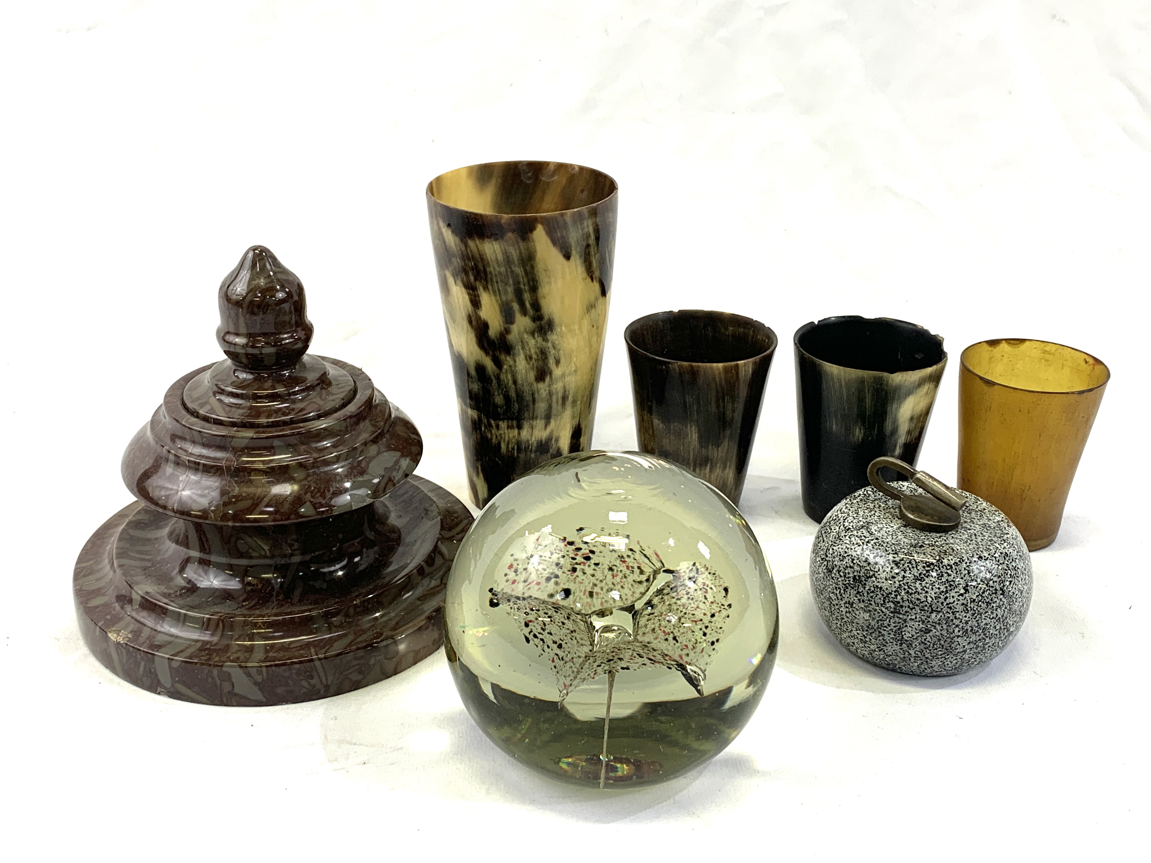 Four horn beakers and other items