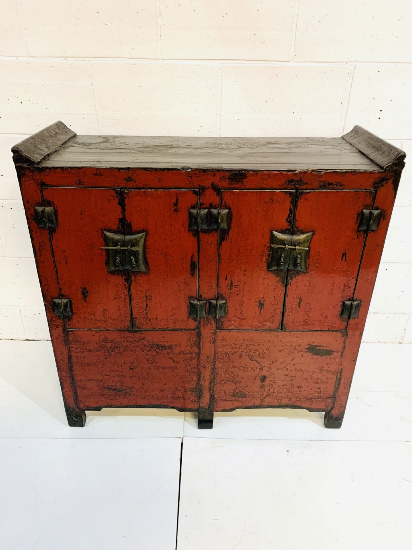 19th century Chinese elmwood storage chest in original red lacquer, from Shanxi Province, China,