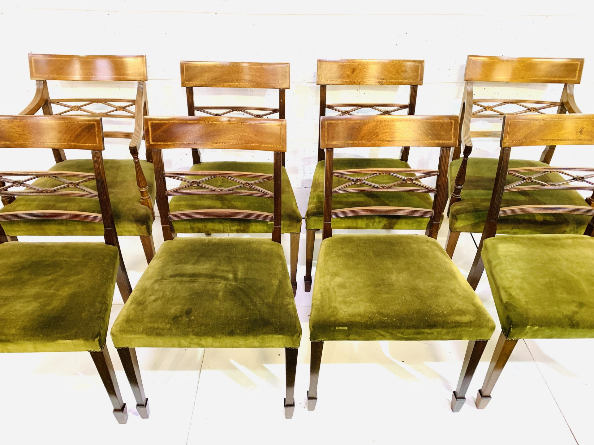 Set of eight Edwardian mahogany reeded ladder back chairs - Image 2 of 8