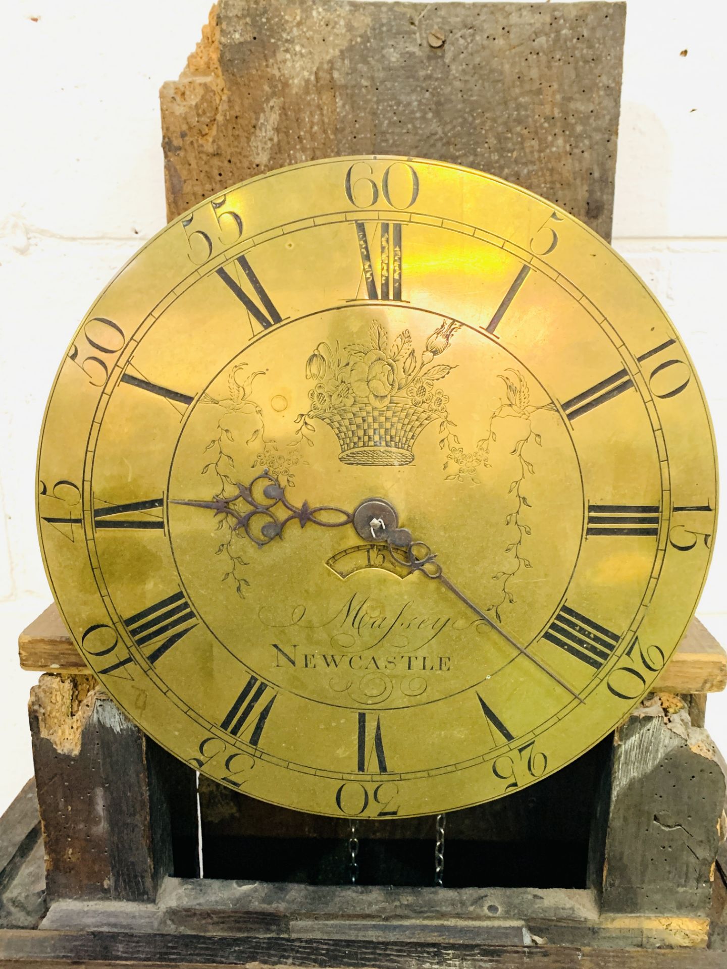 Carved oak longcase clock, the brass face written Massey, Newcastle - Image 4 of 7