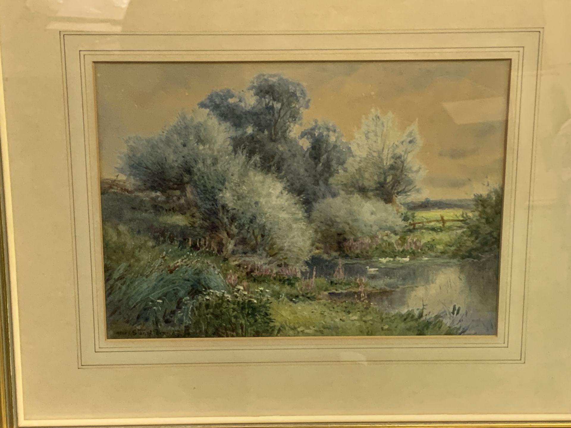 Henry John Sylvester Stannard RBA, Framed and glazed watercolour of a duck pond in woodland - Image 2 of 3