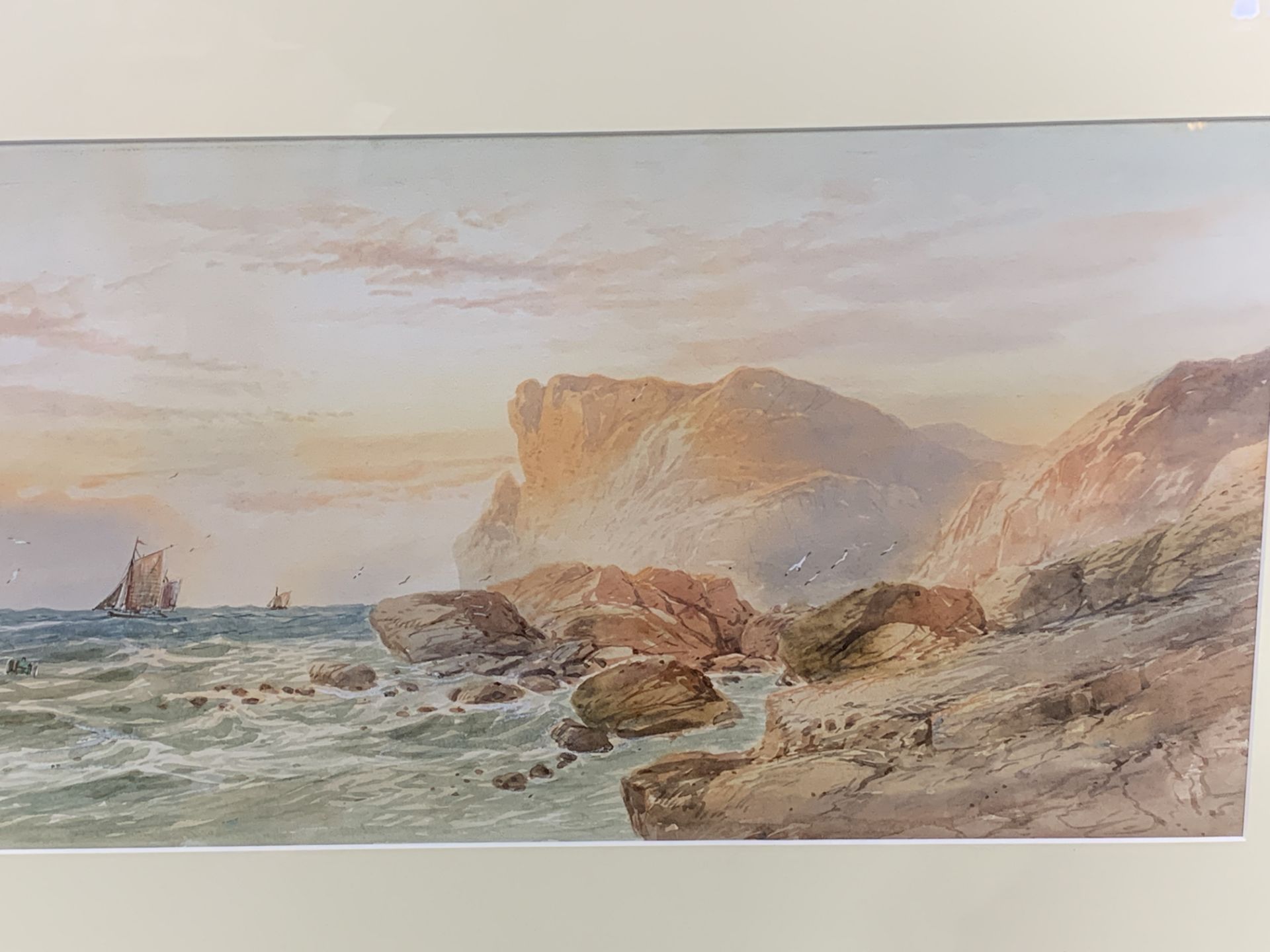 Framed and glazed watercolour of cliffs and sailing ships, signed W H Earp - Image 3 of 3