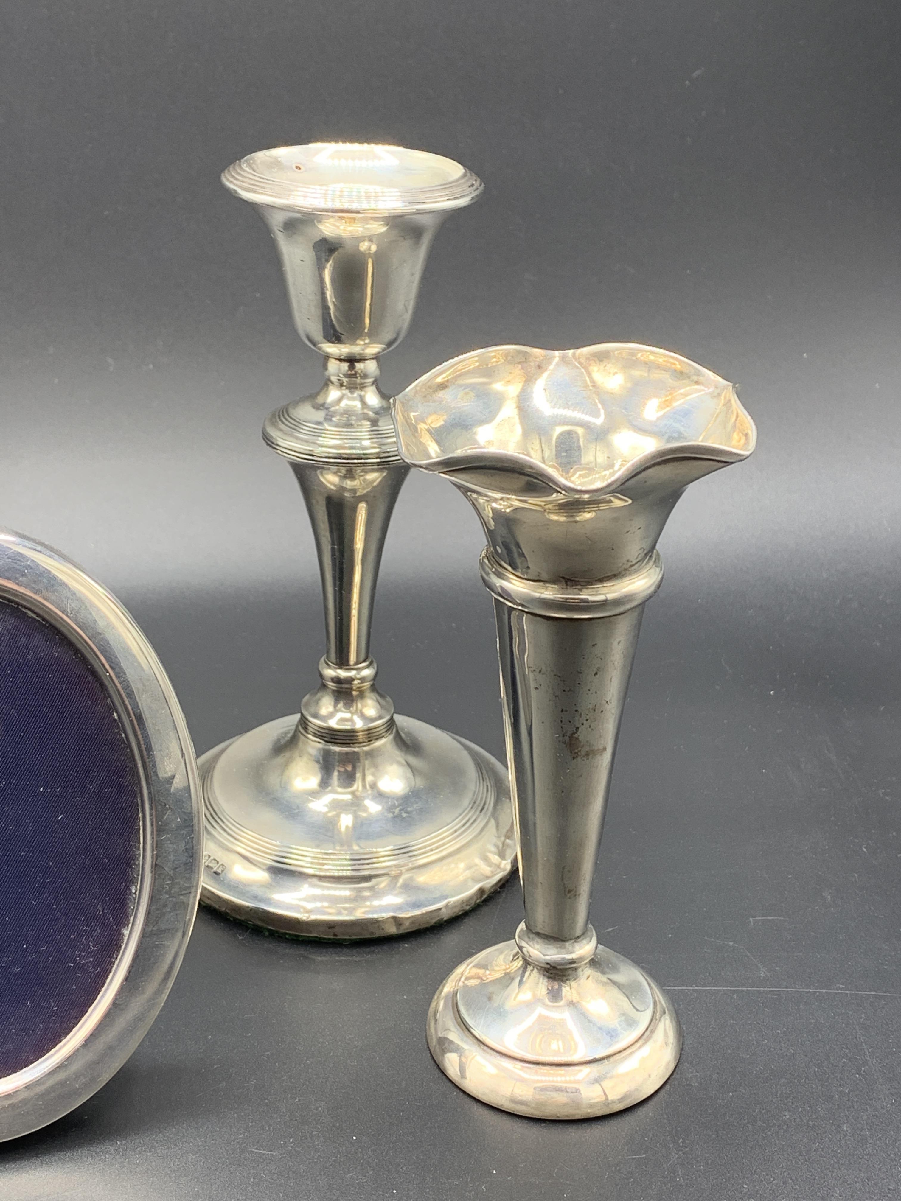 A hallmarked silver bud vase, candlestick, and frame - Image 2 of 5