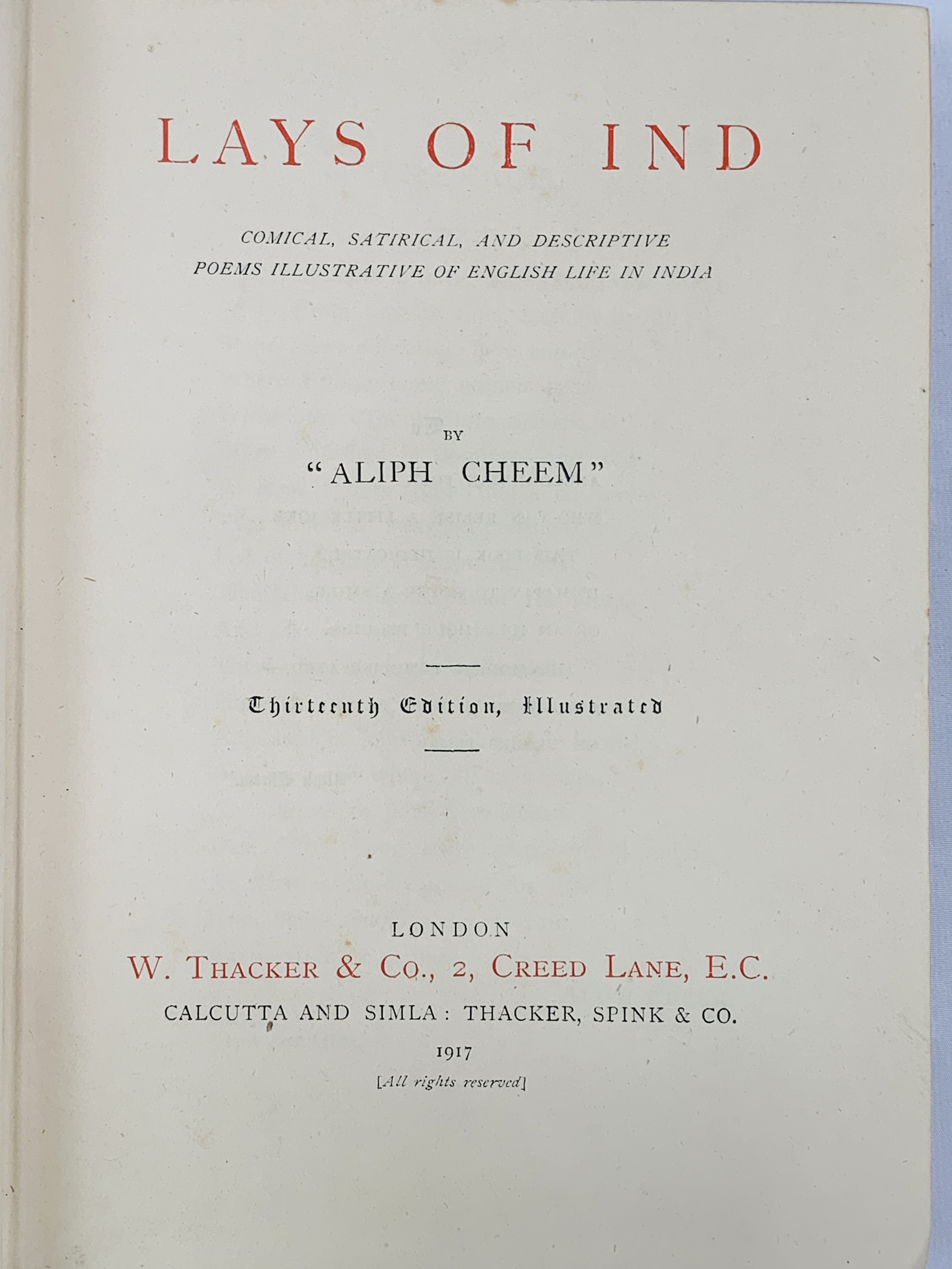 Lays of Ind by "Aliph Cheem" published 1917; together with the Book of Snobs by William Thackeray - Image 4 of 4