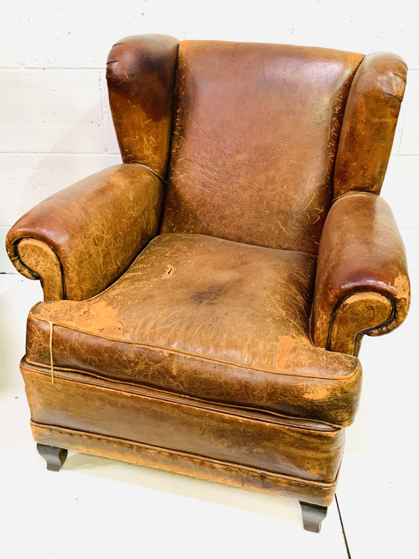 A pair of French brown leather wing back armchairs - Image 4 of 5