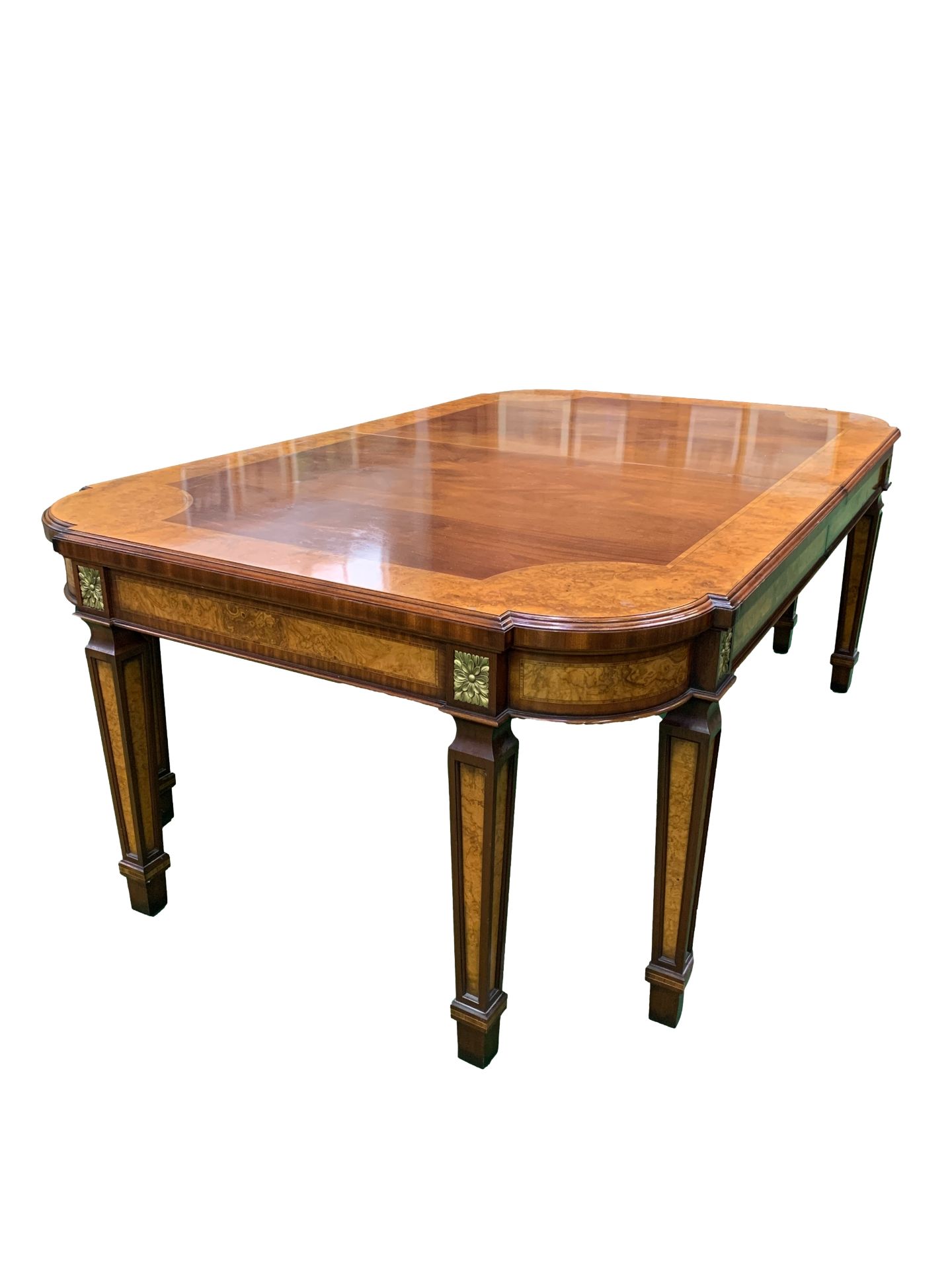 Walnut and mahogany veneer extendable dining table by Charles Barr Furniture with 10 chairs - Image 2 of 2