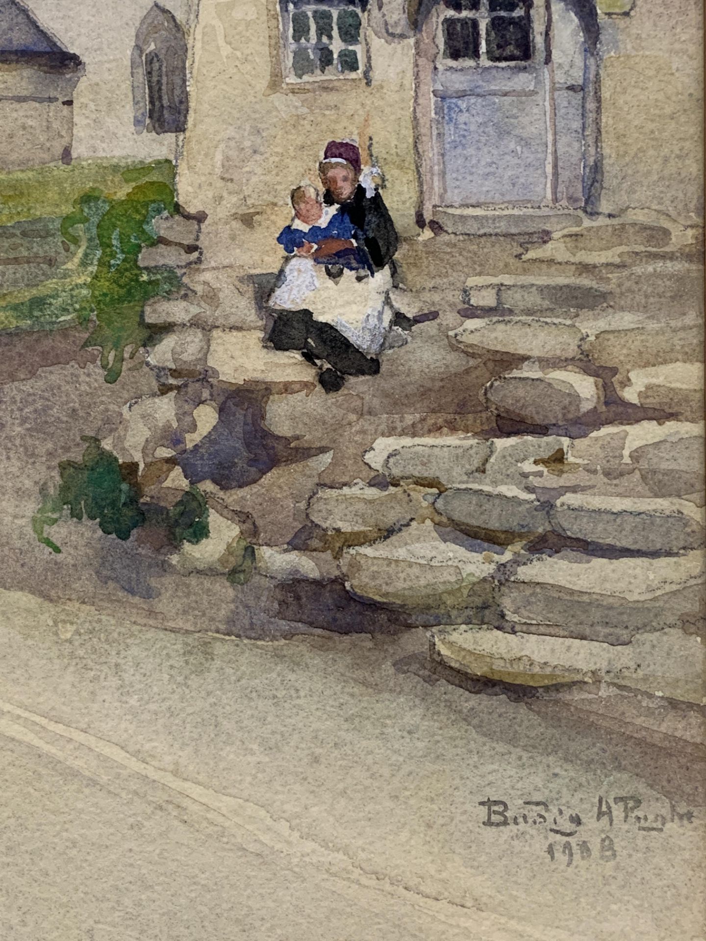 Watercolour on card of a mother and child on steps of a building, signed and dated - Image 2 of 5