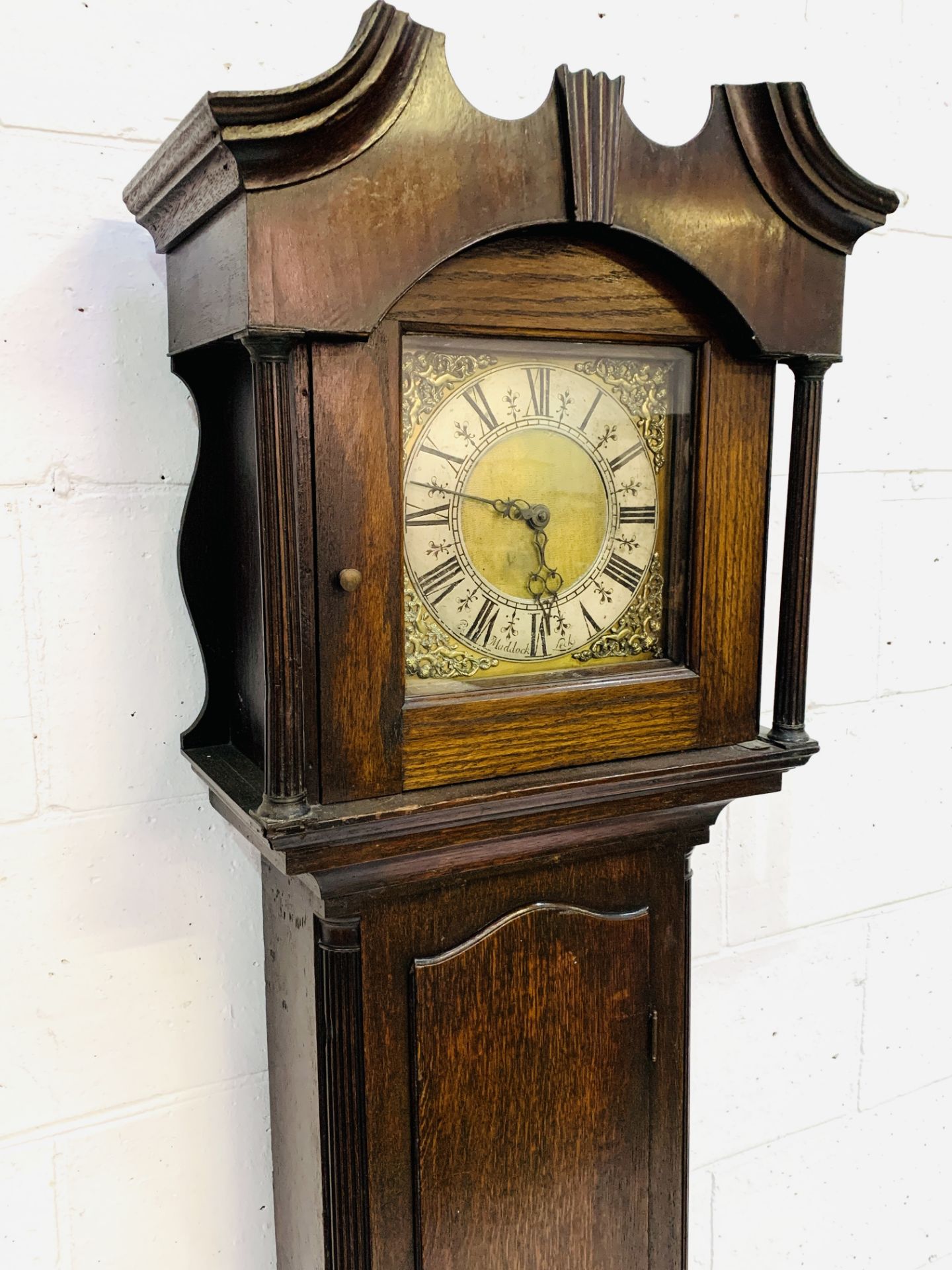 Early to mid-eighteenth century mahogany long case clock with brass face engraved R Maddock, Leek, - Image 4 of 8