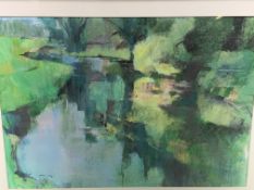 Framed and glazed acrylic, pastel, charcoal, by Pat Lambshire, of River Colne, Denham, 1997