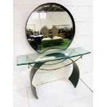Contemporary bow fronted metal, gilt and glass console table