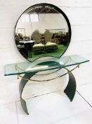 Contemporary bow fronted metal, gilt and glass console table