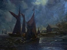 Framed oil on board of boats in moonlight by J Rockingham