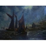 Framed oil on board of boats in moonlight by J Rockingham