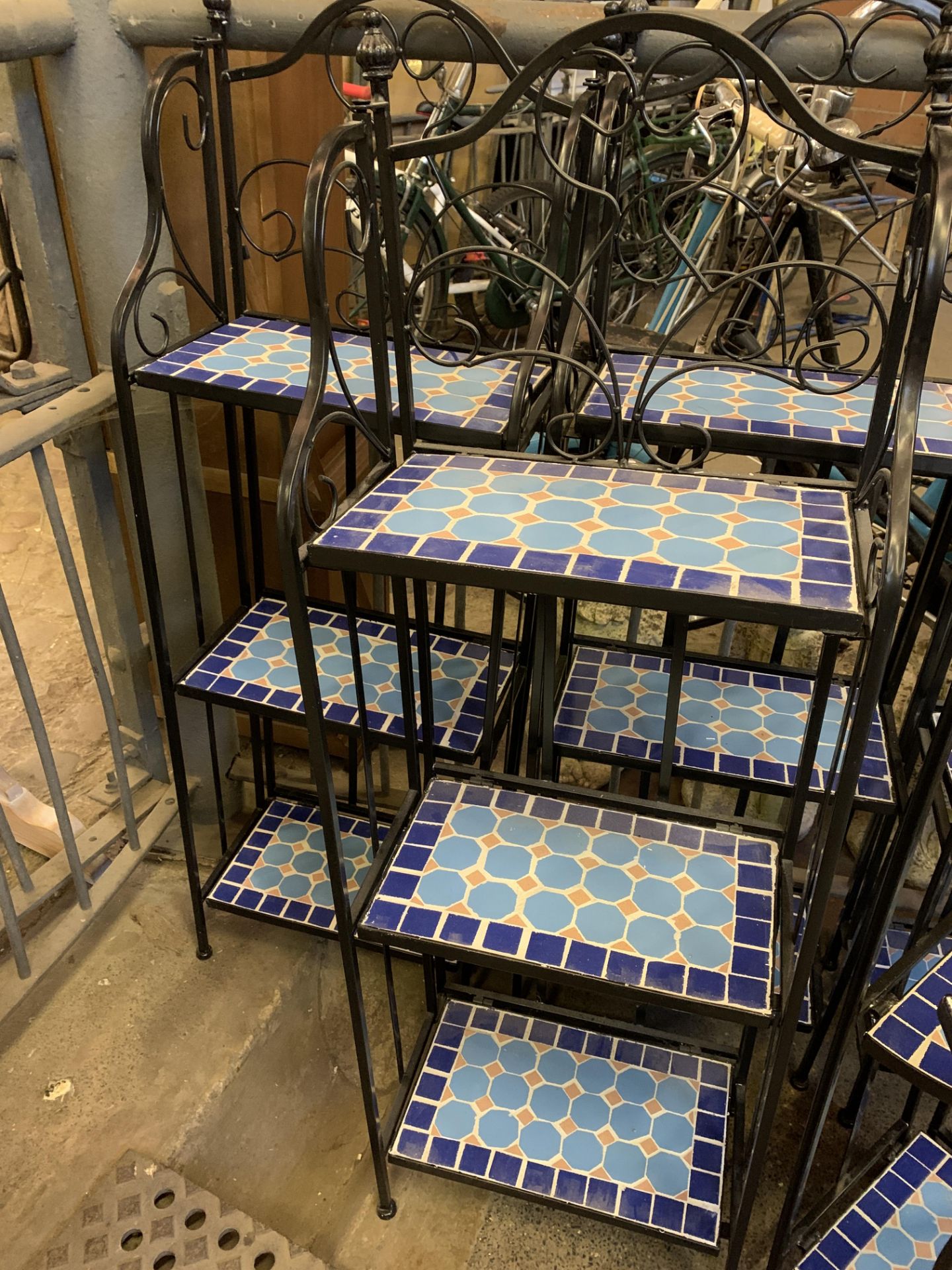 Group of metal framed and blue mosaic shelf units and side tables - Image 2 of 6