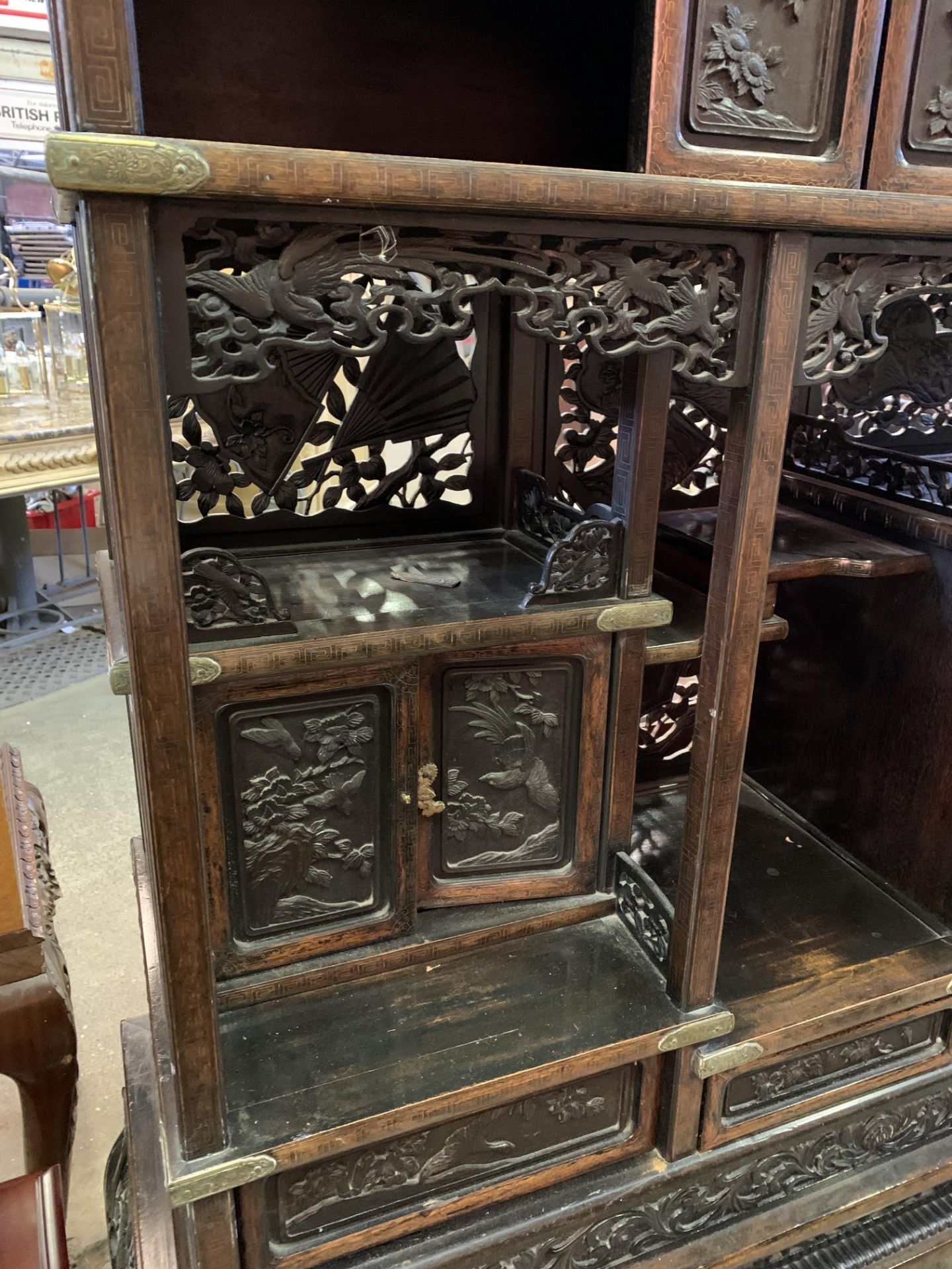 Carved wood Oriental brass bound display cabinet - Image 5 of 10